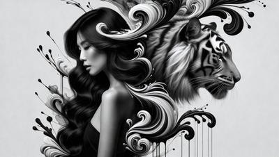 The primary subject of the image is a woman with long black hair. She is the main focus of the image, and her hair is the most prominent feature. The setting is a black and white background, which adds a dramatic and artistic touch to the scene. The visual style is a combination of digital art and illustration, creating a unique and captivating image. The colors and mood of the image are predominantly black and white, giving it a classic and timeless feel.